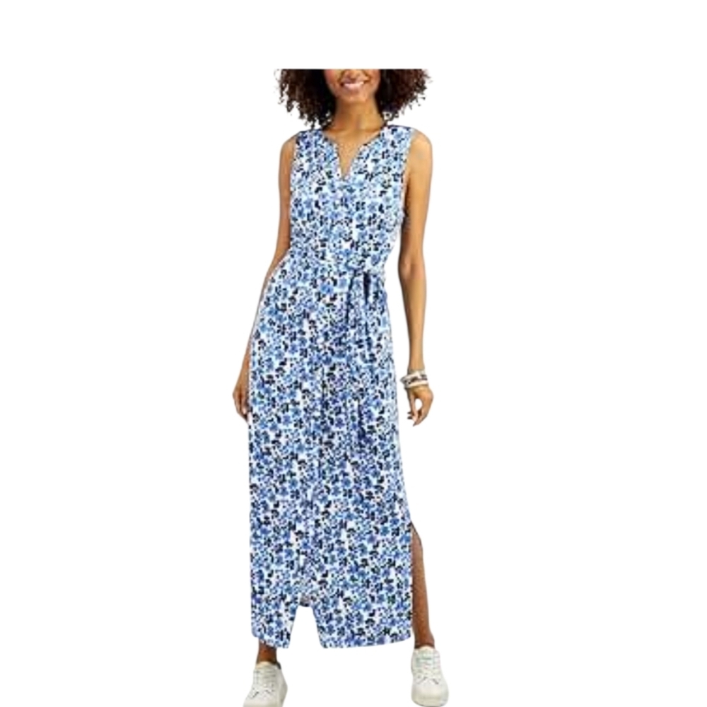Charter Club Size PL Button Down Blue and White Floral Maxi Dress Belted